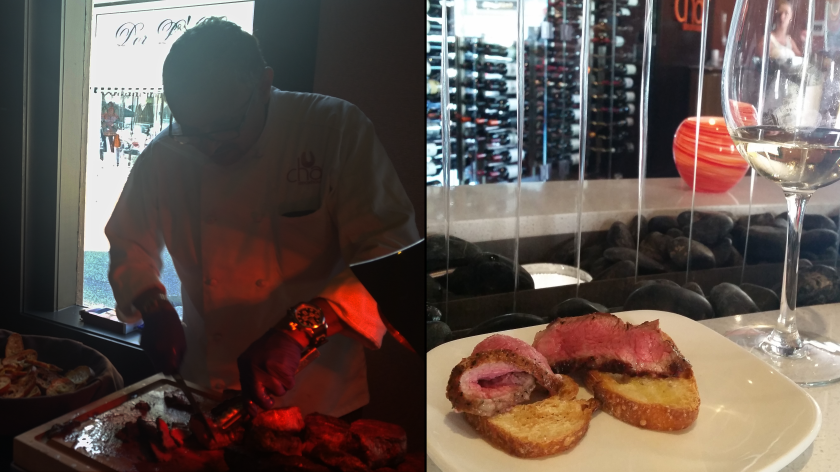     NY strip and center cut filet served over crostini. Enjoyed in front of a water wall for extra whimsy.