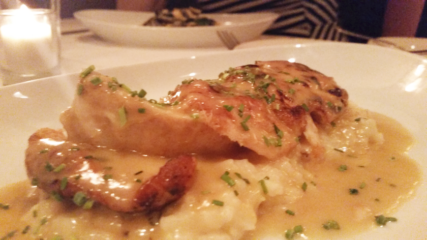 Roasted chicken with creamy risotto and apple cider sauce. Strong aftertaste of regret.